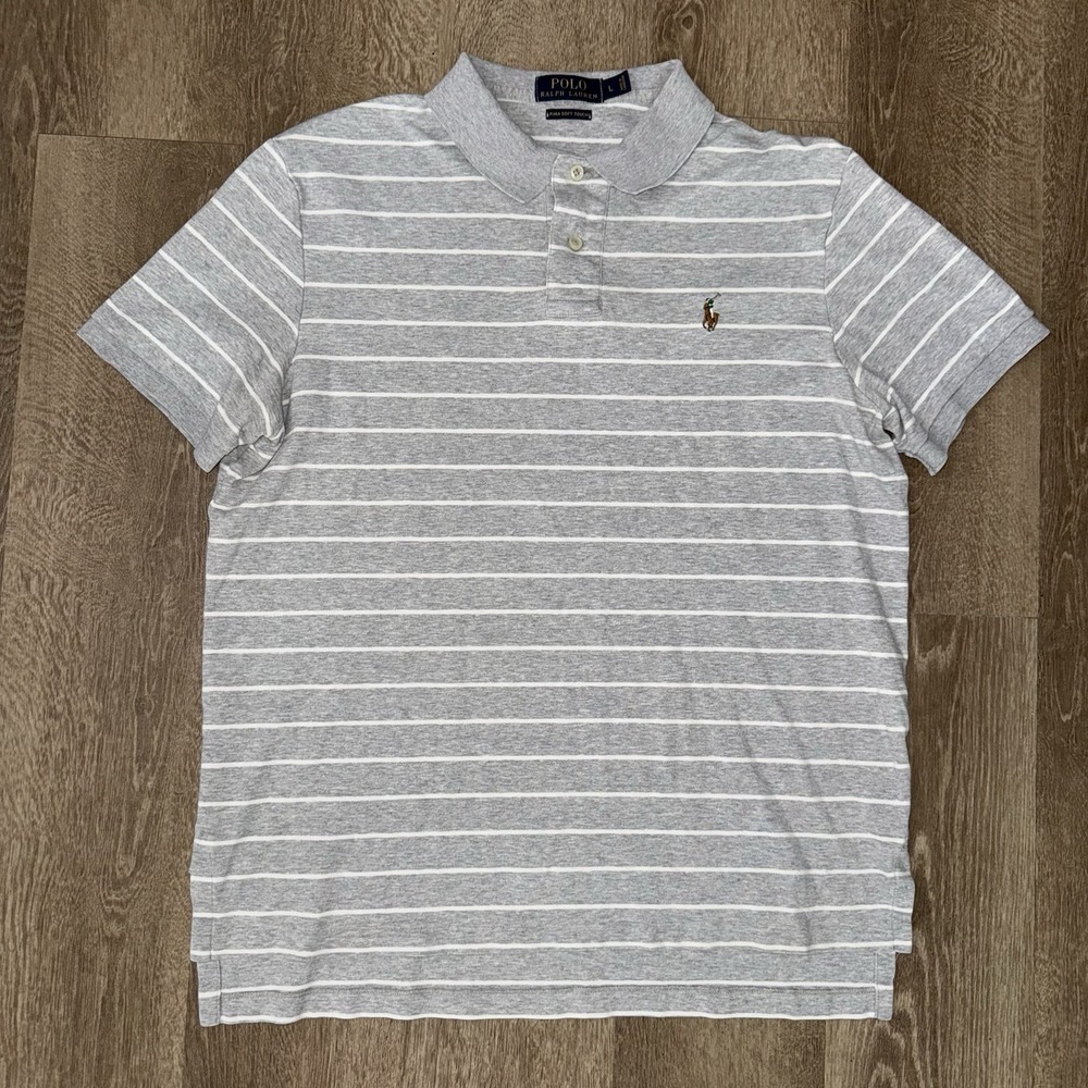 Polo Ralph Lauren Pima Soft Cotton Short Sleeve Polo Men's L Grey White Striped - Picture 2 of 5